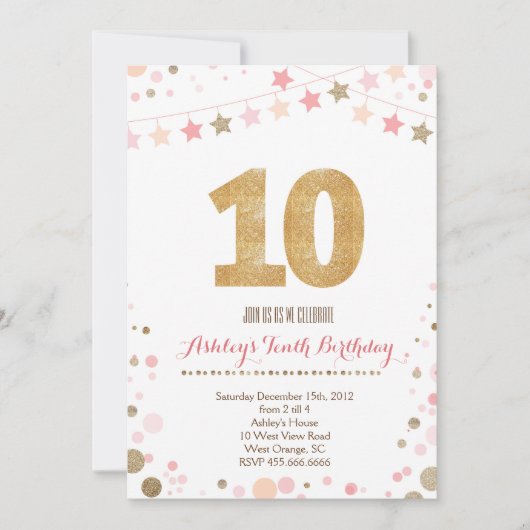 GoldGlitzer-zehnte Geburtstags-Einladung Einladung (Vorderseite)