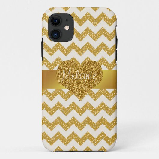 GoldGlitzer-Zickzack Monogramm iPhone mit Herzen Case-Mate iPhone Hülle (Rückseite)