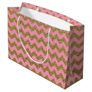 GoldGlitzer-Zickzack Muster auf Rosa Große Geschenktüte