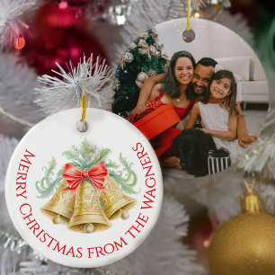 Goldglocken Wasserfarbe rotes Band Weihnachtsfoto Keramik Ornament