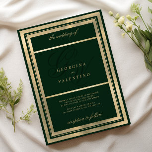 Goldgold dunkelgrüne Monogramm Initialen Hochzeit Einladung
