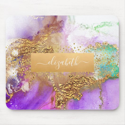 Goldgoldfarbener Marmor lila rosa grüne Glam Chic Mousepad (Vorne)