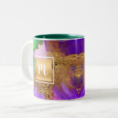 Goldgoldgelb aus lila Aqua-Monogramm Zweifarbige Tasse (Vorderseite Links)