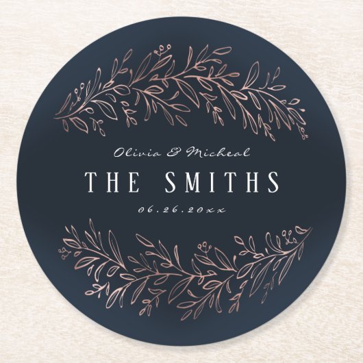 Goldgoldvergoldung der Navy, botanische Hochzeit Runder Pappuntersetzer (Vorderseite)