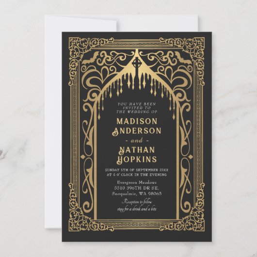 Goldgotische Vampirkathedrale Hochzeit Einladung (Vorderseite)