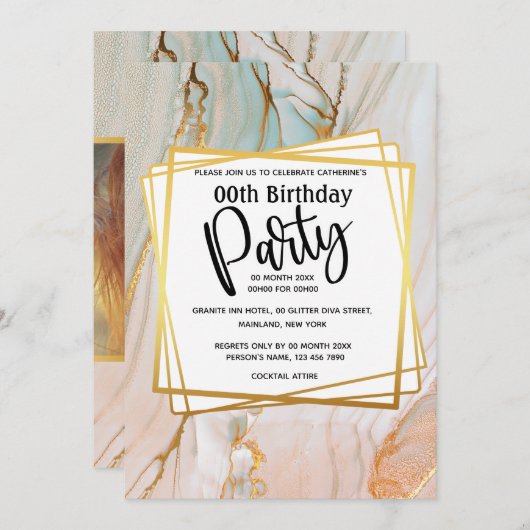 Goldgranit-Geburtstagsparty aus Marmor Einladung (Vorne/Hinten)