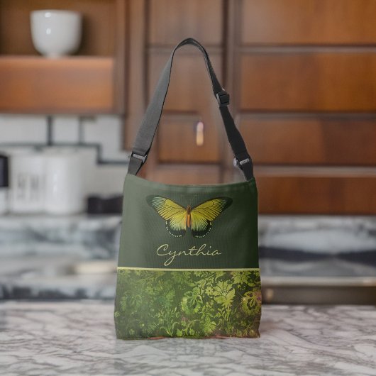 Goldgrauer Schmetterling mit Boho Foliage Monogram Tragetaschen Mit Langen Trägern