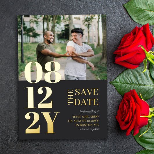 Goldgraues Typografie-Hochzeitsstift Save the Date Folieneinladung