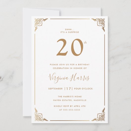 Goldgrenze Verziert Weiß 20. Geburtstag Einladung (Vorderseite)