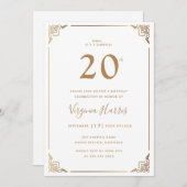 Goldgrenze Verziert Weiß 20. Geburtstag Einladung (Vorne/Hinten)