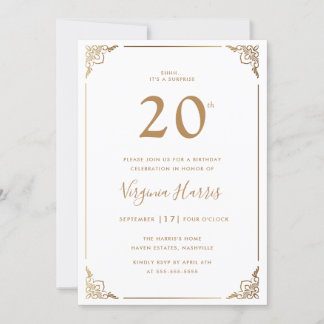 Goldgrenze Verziert Weiß 20. Geburtstag Einladung