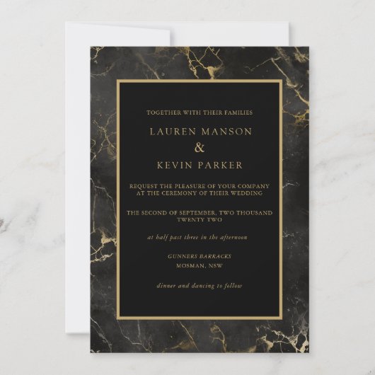 Goldgrenzenhochzeit mit schwarzem Marmor Einladung (Vorderseite)