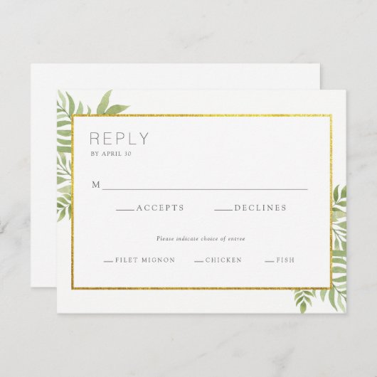 Goldgrenzgrün-BlumenBlätter, das Antwort-Karte RSVP Karte (Vorne/Hinten)