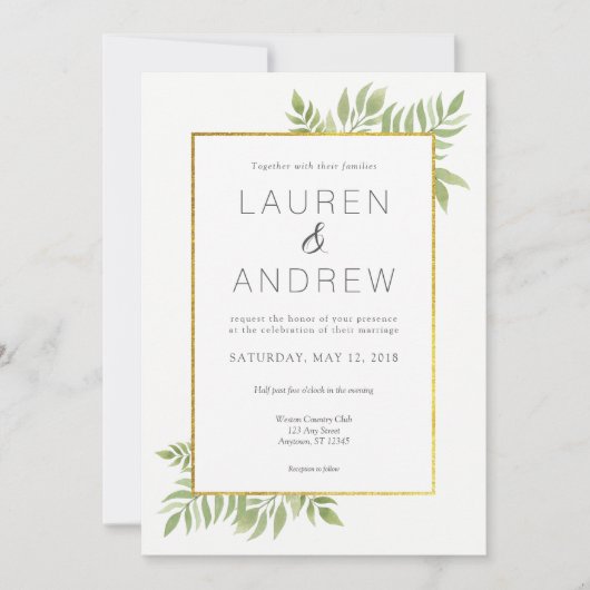 Goldgrün Blätter Blumenzwiebeln Einladung (Vorderseite)