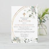 Goldgrün Eukalyptus Boy Taufe Einladung (Stehend Vorderseite)