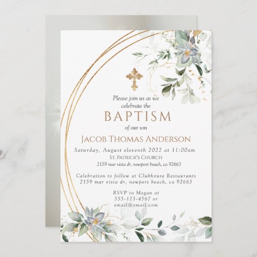 Goldgrün Eukalyptus Boy Taufe Einladung (Vorne/Hinten)