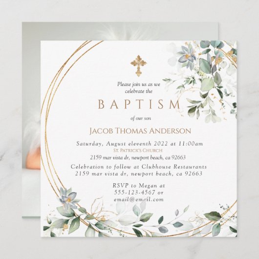 Goldgrün Eukalyptus Boy Taufe Einladung (Vorne/Hinten)