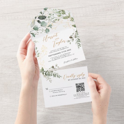 Goldgrün Eukalyptus Monogram QR Code Wedding All In One Einladung (Abreißen)