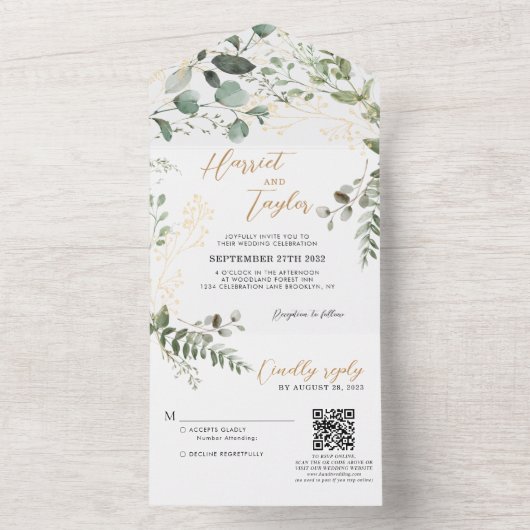 Goldgrün Eukalyptus Monogram QR Code Wedding All In One Einladung (Innen Boden)