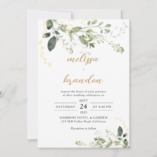 Goldgrün Eukalyptus Monogram Script Wedding Einladung (Vorderseite)