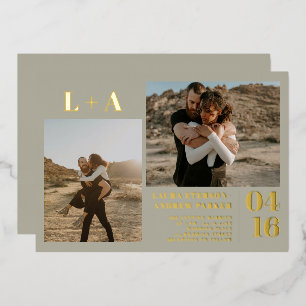 Goldgrün-minimalistische Initialen 2 Fotos Hochzei Folieneinladung