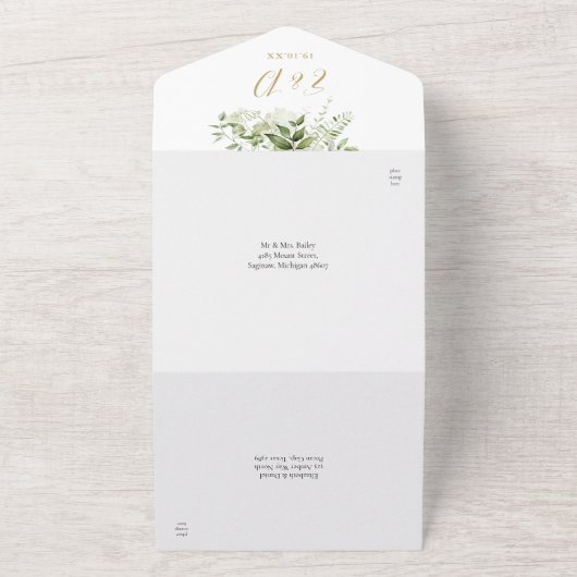 Goldgrün-Monogram QR-Code Hochzeit All In One Einladung (Außenbereich)