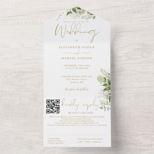 Goldgrün-Monogram QR-Code Hochzeit All In One Einladung (Innen Boden)