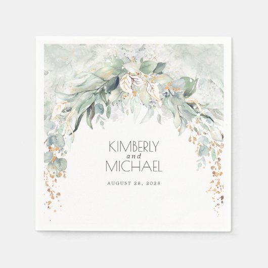 Goldgrün und Eukalyptus-Blätter Hochzeit Serviette (Vorderseite)