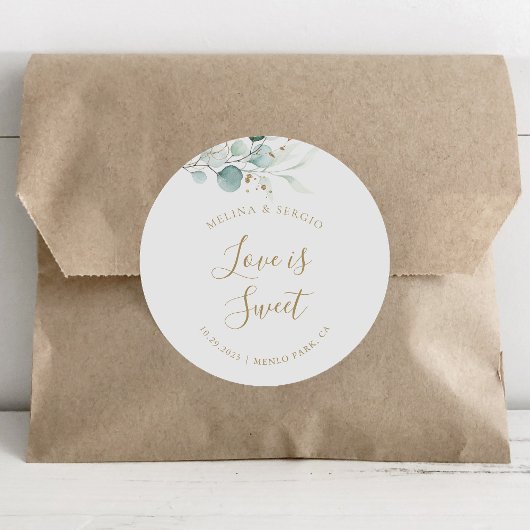 Goldgrüne Eukalyptus-Hochzeitsstimmung ist süß Runder Aufkleber