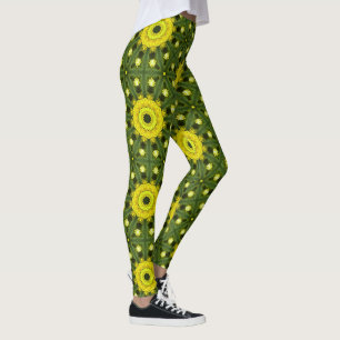 Goldgrüner Sonnenexplosions-Kaleidoskop-Blumenmust Leggings