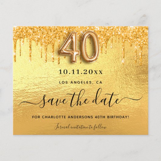 Goldhaushalt 40. Geburtstag - Glitzer Save the Dat Flyer (Vorne)