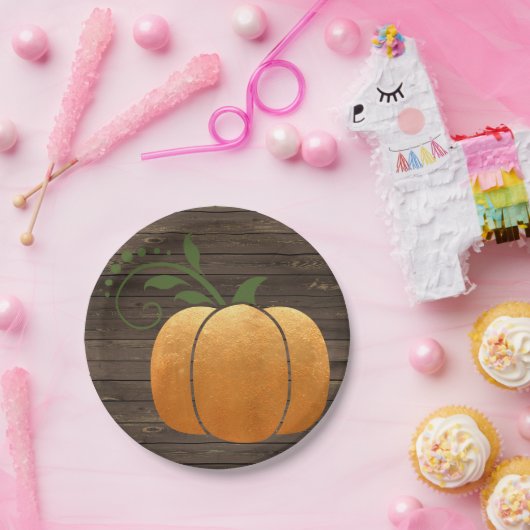 Goldherbst-rustikaler hölzerner Kürbis Pappteller (Party)