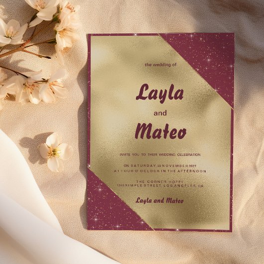 Goldherz-Bordeaux-Glitzer Hochzeit Einladung