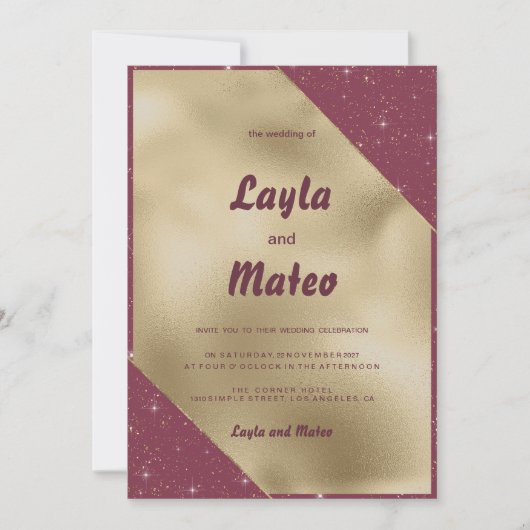 Goldherz-Bordeaux-Glitzer Hochzeit Einladung (Vorderseite)