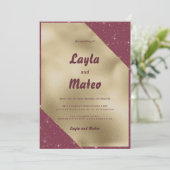 Goldherz-Bordeaux-Glitzer Hochzeit Einladung (Stehend Vorderseite)