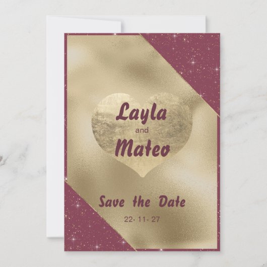 Goldherz-Bordeaux-Glitzer Save the Date Einladung (Vorderseite)