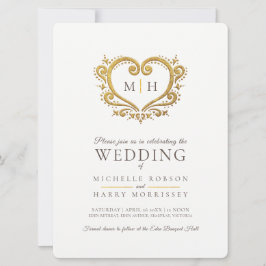 Goldherz-Hochzeit dunkelbraunes Weiß Einladung