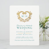 Goldherz Hochzeit dunkelgrünen Smaragdgrün und wei Einladung (Stehend Vorderseite)