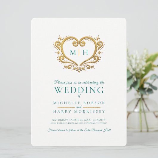 Goldherz Hochzeit dunkelgrünen Smaragdgrün und wei Einladung (Stehend Vorderseite)