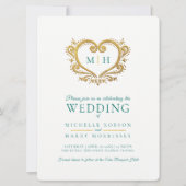 Goldherz Hochzeit dunkelgrünen Smaragdgrün und wei Einladung (Vorderseite)