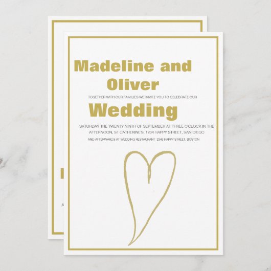 Goldherz White Simple Wedding Einladung (Vorne/Hinten)