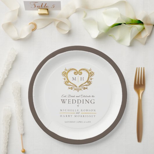 Goldherzbraun-Kranz-Monogramm-Hochzeit Pappteller (Hochzeit)