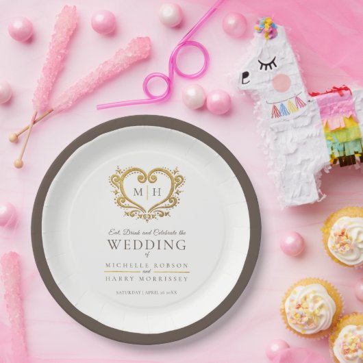 Goldherzbraun-Kranz-Monogramm-Hochzeit Pappteller (Party)