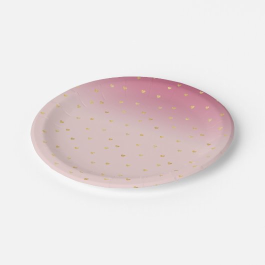 Goldherzen erröten rosa Ombre Pappteller (Schrägansicht)