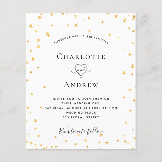 Goldherzen Weißes Budget Hochzeitseinladung Flyer (Vorne)