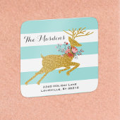 Goldhirsche und Streifen - Personalisierte Adresse Quadratischer Aufkleber
