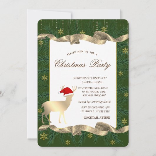 Goldhirsche Weihnachtsmannmütze, Branchen Grünes P Einladung (Vorderseite)