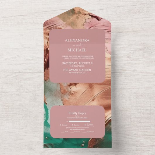 Goldhochzeit der abstrakten Smaragdgrünen Rose All In One Einladung (Innen Boden)