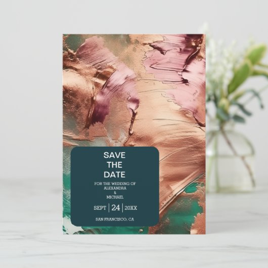 Goldhochzeit der abstrakten Smaragdgrünen Rose Save The Date (Stehend Vorderseite)
