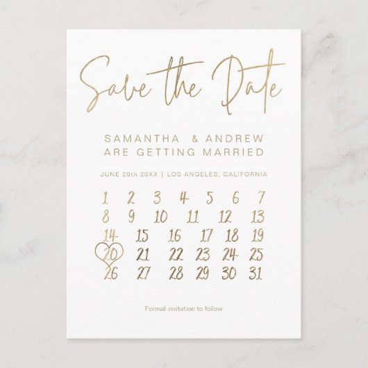 Goldkalender Save the Date Ankündigungspostkarte (Vorderseite)